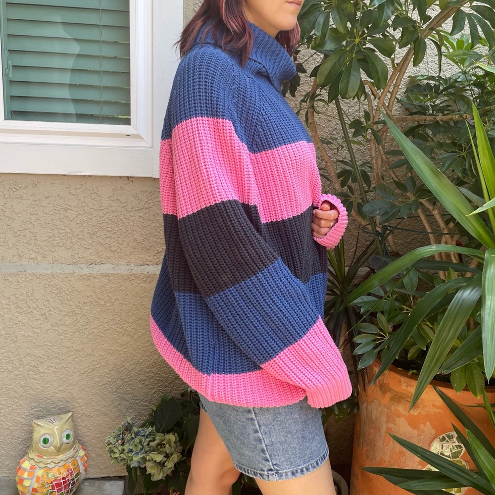 Striped Lazy Oaf Turtleneck Chunky Knitted Sweater  - Blue, Pink, Black
